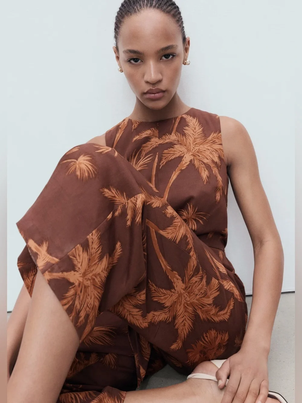 Mango Brown Palm-Print jumpsuit with cut-out and knot detail NWT
